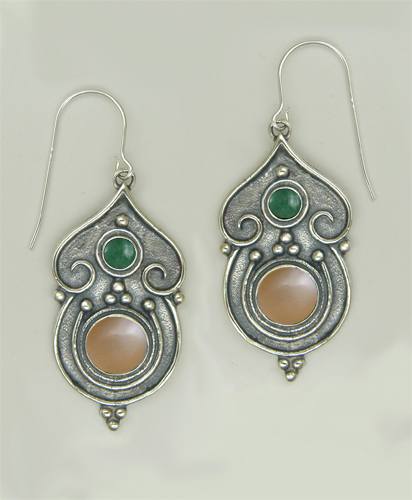Sterling Silver Gothic Inspired Drop Dangle Earrings With Peach Moonstone And Jade